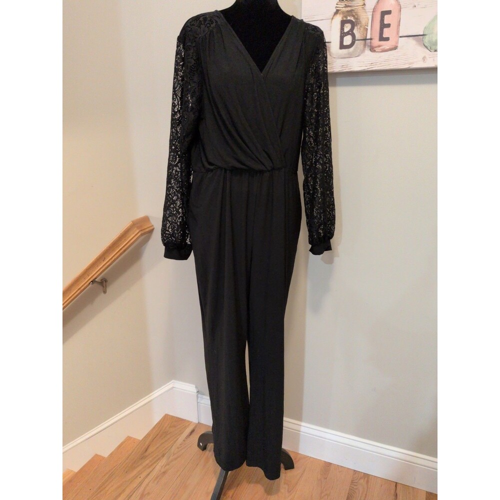 NY Collection Women’s Petite Jumpsuit with Lace Sleeve Black Size PXL NWT